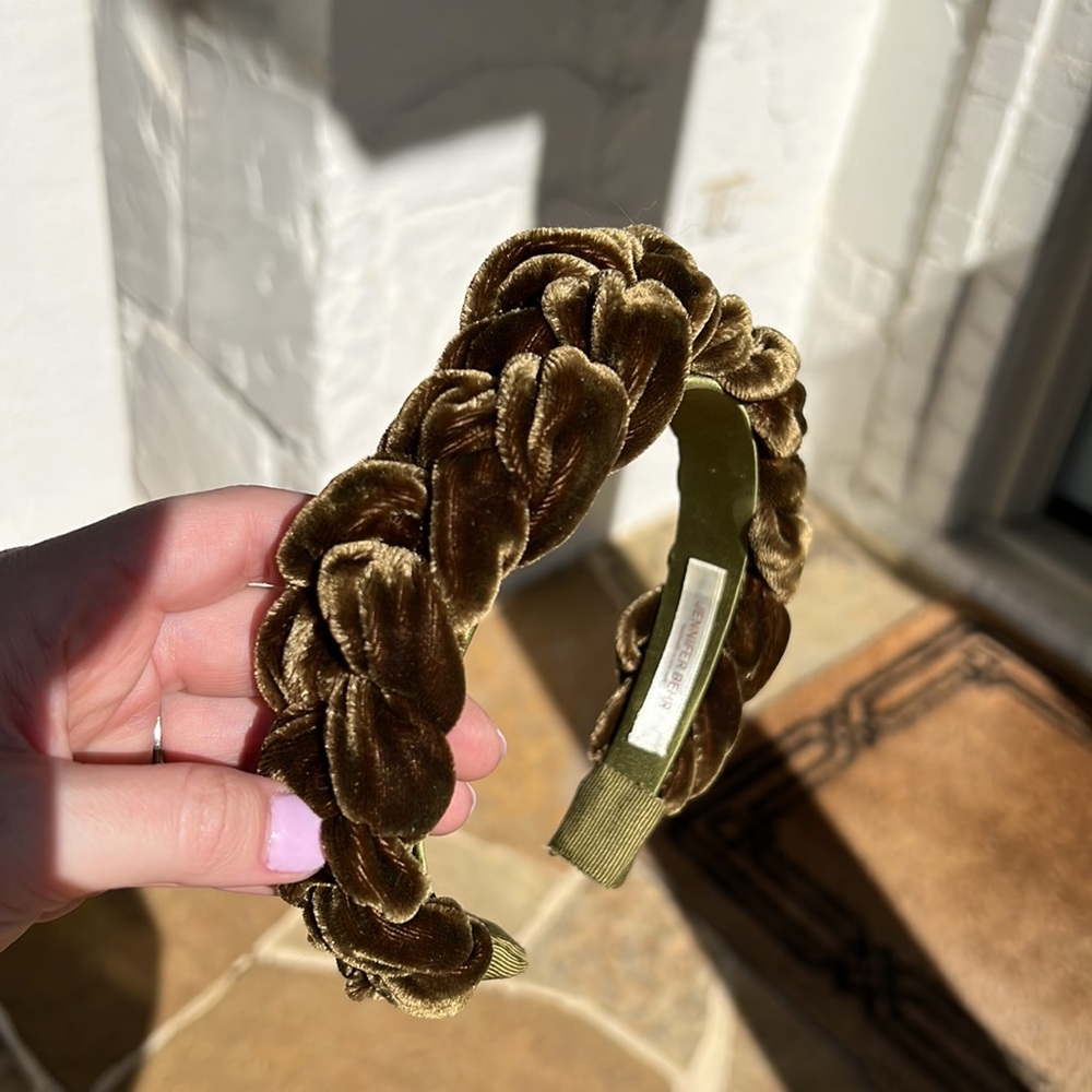 Jennifer Behr Lori Braided Velvet Moss Green Headband discontinued color